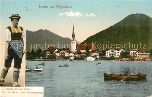 AK / Ansichtskarte Egern Tegernsee Seepartie mit Kirche und Sennerin Kat. Rottach Egern