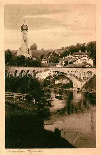 AK / Ansichtskarte Gmund Tegernsee mit Bruecke und Kirche Kat. Gmund a.Tegernsee