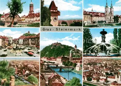 AK / Ansichtskarte Graz Steiermark Schlossberg und Mur Hauptplatz Franziskanerkirche Kat. Graz