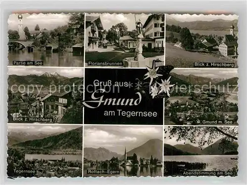 AK / Ansichtskarte Gmund Tegernsee Seepartie Floriansbrunnen Hirschbergblick Panorama Rottach Egern Abendstimmung Kat. Gmund a.Tegernsee