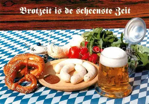 AK / Ansichtskarte Bier Brotzeit Bayern Weisswurst Brezel Radieschen  Kat. Lebensmittel