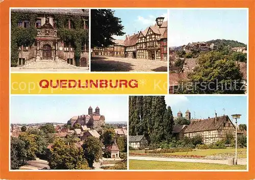 AK / Ansichtskarte Quedlinburg Rathausportal Schlossberg Muenzenberg Schloss Stiftskirche Wordgarten Kat. Quedlinburg