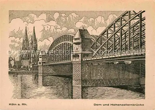 AK / Ansichtskarte Koeln Rhein Dom und Hohenzollernbruecke Kuenstlerkarte Kat. Koeln