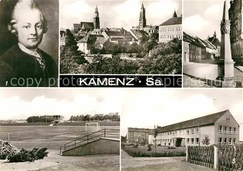AK / Ansichtskarte Kamenz Sachsen Gotth. Ephraim Lessing Gemaelde Postmeilensaeule Stadion Kat. Kamenz