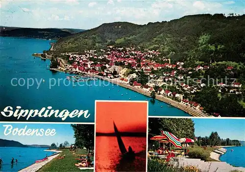 AK / Ansichtskarte Sipplingen Bodensee Badestrand Terrassencafe Segeln Abendsonne Thorbecke Luftbild