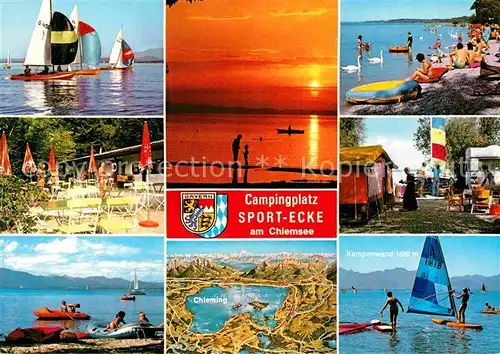 AK / Ansichtskarte Unterhochstaett Chiemsee Campingplatz Sportecke Segeln Windsurfen Strand Abendsonne Alpen