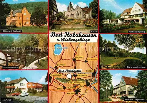 AK / Ansichtskarte Bad Holzhausen Luebbecke Kurhaeuser Holsing Juergensen Burgruine Limberg Rittergut Crollage Schwanenteich Zur Aue Kat. Preussisch Oldendorf