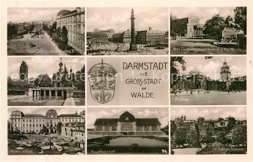 AK / Ansichtskarte Darmstadt Paradeplatz Museum Schloss Denkmal Theater Russische Kapelle Markt Bahnhof Wappen Kat. Darmstadt