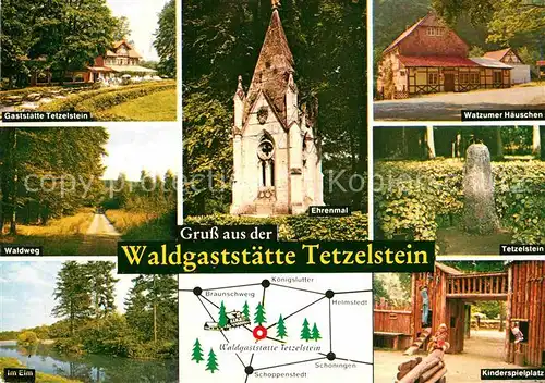 AK / Ansichtskarte Koenigslutter Elm Waldgaststaetten Tetzelstein Watzumer Haeuschen Ehrenmal Kinderspielplatz Kat. Koenigslutter am Elm