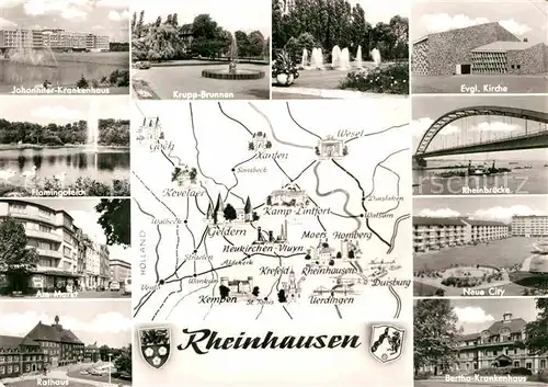 AK / Ansichtskarte Rheinhausen Duisburg Krankenhaus Teich Markt Rathaus Brunnen Kirche Rheinbruecke Neue City Landkarte Kat. Duisburg