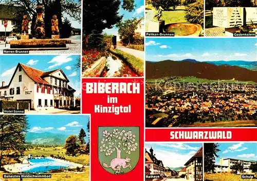 AK / Ansichtskarte Biberach Baden Fliegeraufnahme Narren Brunnen Hotel Sonne Schwimmbad Schule Kat. Biberach Kinzigtal