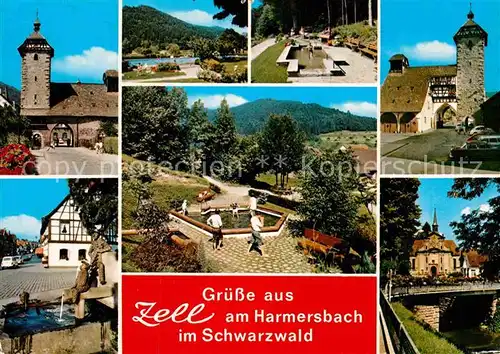 AK / Ansichtskarte Zell Harmersbach Kurpark Storchenturm Hirschtuermle Wallfahrtskirche   Kat. Zell am Harmersbach