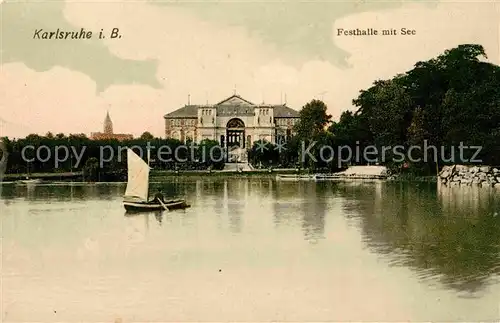 AK / Ansichtskarte Karlsruhe Baden Festhalle mit See Ruderboot