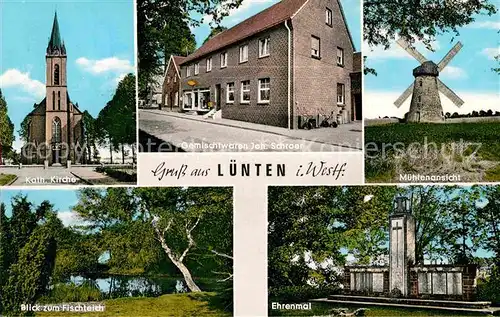 AK / Ansichtskarte Luenen Muehle Fischteich Ehrenmal Kirche Kat. Luenen