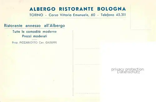 AK / Ansichtskarte Turin Piemonte Albergo Restaurant Bologna Strassenbahn Kat. Turin