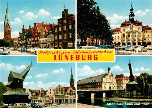 AK / Ansichtskarte Lueneburg Am Sande Giebelhaeuser Kirche Rathaus Der alte Kran Buergerhaeuser Altes Kaufhaus Solbad Moorbad Kat. Lueneburg