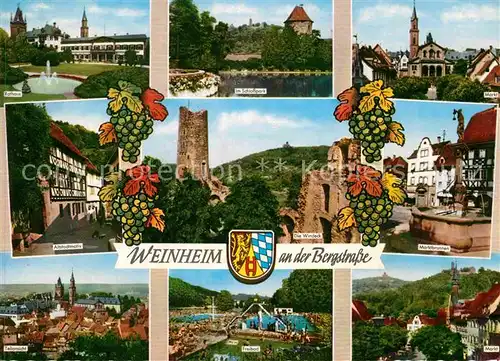 AK / Ansichtskarte Weinheim Bergstrasse Rathaus Schlosspark Markt Brunnen Burg Windeck Altstadt Freibad Kat. Weinheim