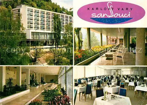 AK / Ansichtskarte Karlovy Vary Sanatorium Sanssouci Foyer Speisesaal Kat. Karlovy Vary Karlsbad