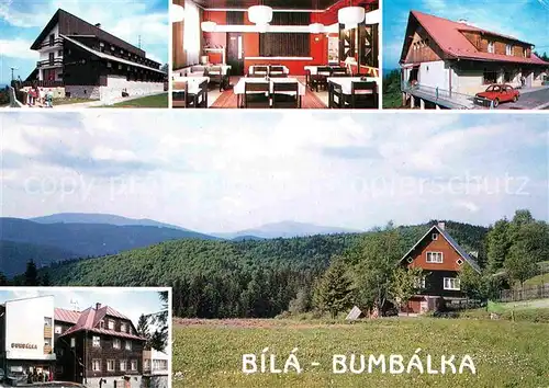 AK / Ansichtskarte Bila Frydek Mistek Hotel Sukenicka exterier a interier Prodejna Jednoty Krajina v Bile Hotel Bumbalka Kat. Bila