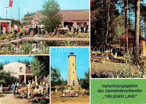 AK / Ansichtskarte Treuen Kleingartensparte Waldeslust Waldgaststaette Buch Perlaser Turm Fischerhaeusel am Gloeckelteich Kat. Treuen Vogtland