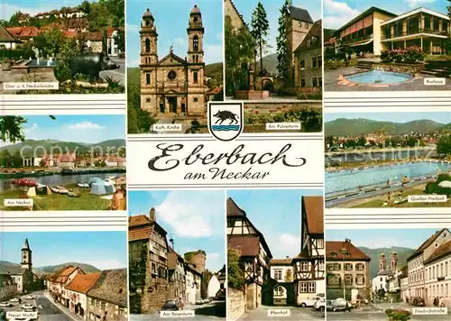 AK / Ansichtskarte Eberbach Neckar Eber Statue Neckarbruecke Kirche Pulverturm Kurhaus Freibad Markt Rosenturm Pfarrhof Friedrichstrasse Kat. Eberbach