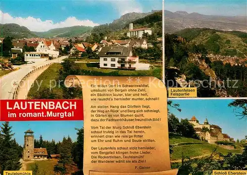 AK / Ansichtskarte Lautenbach Gernsbach Gasthof Pension Lautenfelsen Teufelsmuehle Schloss Eberstein Gedicht Kat. Gernsbach