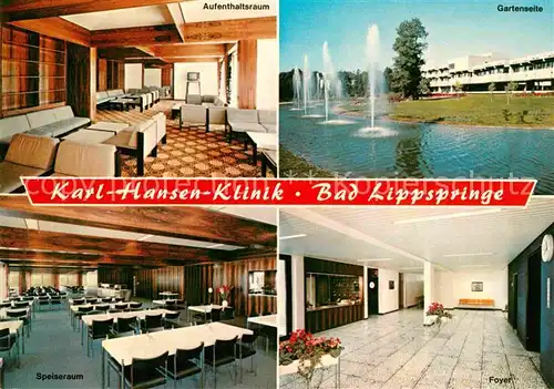 AK / Ansichtskarte Bad Lippspringe Karl Hansen Klinik Aufenthaltsraum Speiseraum Foyer Garten Wasserspiele Kat. Bad Lippspringe