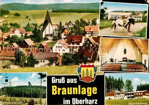 AK / Ansichtskarte Braunlage Ortsmotiv mit Kirche Ponypost Wurmberg Seilbahn Jugendherberge Kat. Braunlage Harz