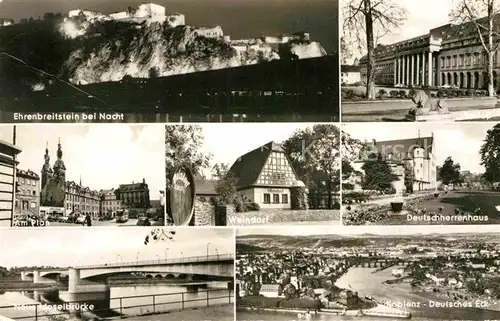 AK / Ansichtskarte Koblenz Rhein Am Plan Moselbruecke Weindorf Deutschherrenhaus Deutsches Eck Schloss Festung Ehrenbreitstein bei Nacht Kat. Koblenz