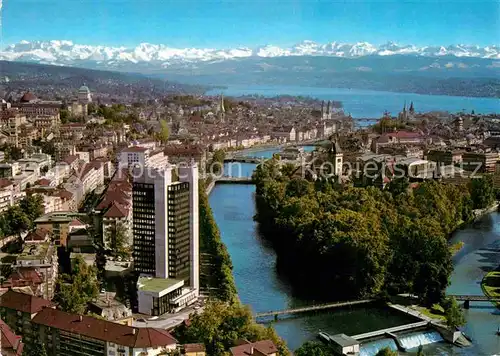 AK / Ansichtskarte Zuerich ZH Fliegeraufnahme mit Hotel Zuerich Limmat Sihl und Glarneralpen