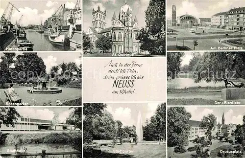 AK / Ansichtskarte Neuss Hafen Rosengarten Stadthalle St Quirinus Kirche Stadtgarten Berliner Platz Eierdieb Statue Drususplatz Kat. Neuss