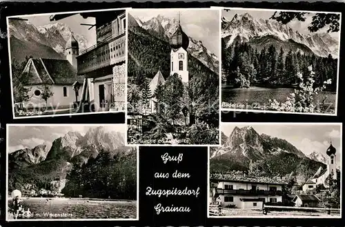AK / Ansichtskarte Grainau Ortsmotiv mit Zugspitze Dorfkirche Alpenbad Waxenstein Wettersteingebirge Kat. Grainau