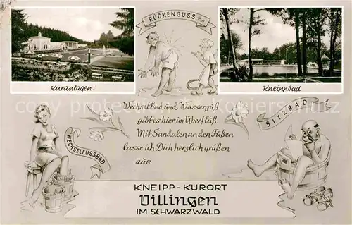 AK / Ansichtskarte Villingen Schwenningen Kuranlagen Kneippbad Kuranwendungen Karikaturen Kurort Schwarzwald Kat. Villingen Schwenningen