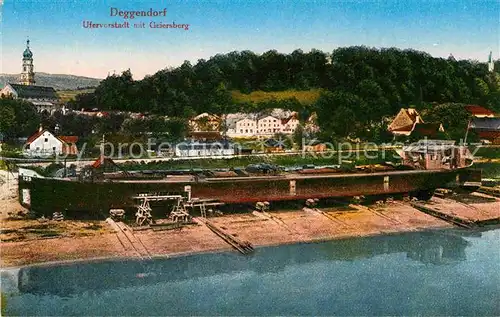 AK / Ansichtskarte Deggendorf Donau Ufervorstadt mit Geiersberg Altes Schiff Schiffswrack Kat. Deggendorf