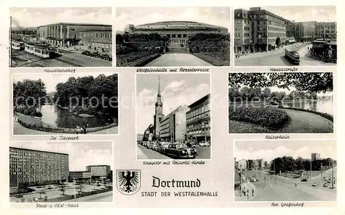 AK / Ansichtskarte Dortmund Hauptbahnhof Westfalenhalle Rosenterrasse Hansastrasse Tierpark Kat. Dortmund
