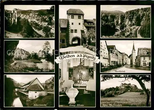 AK / Ansichtskarte Velden Mittelfranken Muehle Evangelische Kirche Burg Hartenstein Marktplatz Stadttor Kat. Velden Pegnitz