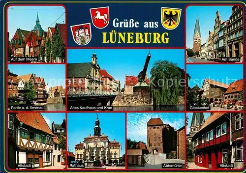 AK / Ansichtskarte Lueneburg Meere Am Sande Glockenhof Altes Kaufhaus Kran Ilmenau Abtsmuehle  Kat. Lueneburg