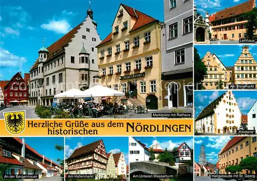 AK / Ansichtskarte Noerdlingen Marktplatz Rathaus Bergermauer Hafenmarkt Wasserturm Hallgebaeude Kirche Historische Gebaeude Kat. Noerdlingen