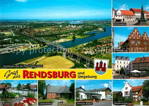AK / Ansichtskarte Rendsburg und Umgebung Hochbruecke Nord Ostsee Kanal Fliegeraufnahme Schlossplatz Rathaus Markt Kat. Rendsburg