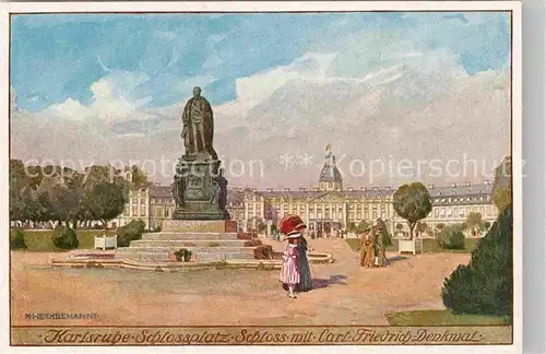 AK / Ansichtskarte Karlsruhe Baden Schlossplatz Schloss mit Carl Friedrich Denkmal