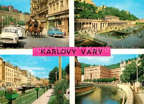 AK / Ansichtskarte Karlovy Vary Postkutsche Partien am Wasser Kat. Karlovy Vary Karlsbad