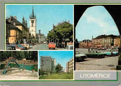 AK / Ansichtskarte Litomerice Leitmeritz Nordboehmen Dlouha ulice Mirove namesti Koupaliste Hotel Strassenpartie Platz Hochhaus Freibad Kat. Litomerice