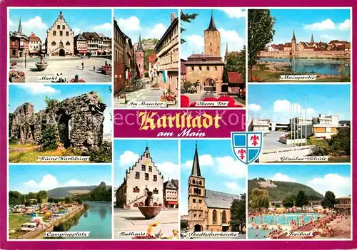 AK / Ansichtskarte Karlstadt Main Rathaus Schwimmbad Marktplatz Maintor Campingplatz Kat. Karlstadt