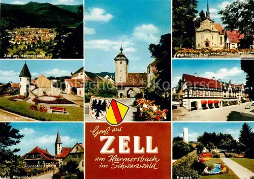 AK / Ansichtskarte Zell Aichelberg am Harmersbach Kurpark Wallfahrtskirche Hirschtuerme Pfarrhofgraben Kat. Zell unter Aichelberg