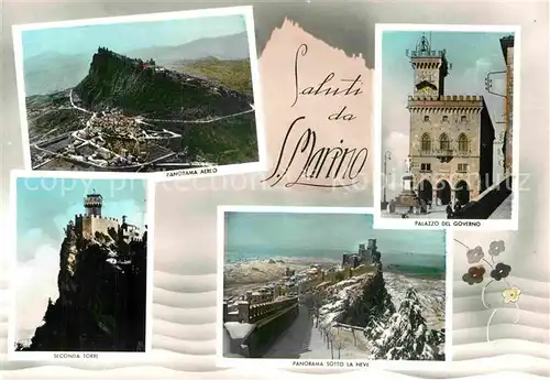 AK / Ansichtskarte San Marino Repubblica Luftbild Seconda Torre Panorama Sotto la Neve Palazzo del Governo
