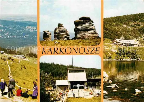 AK / Ansichtskarte Karkonosze Landschaftspanorama Riesengebirge Bergrestaurant Bergbahn Felsformationen See Kat. Polen