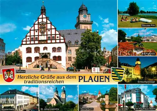 AK / Ansichtskarte Plauen Vogtland Rathaus Stausee Postplatz Skulptur Einkaufspassage Kaufhaus Nonnenturm Kirche Klostermarkt Kat. Plauen