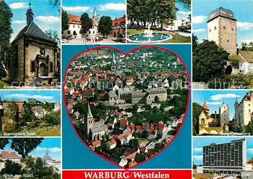 AK / Ansichtskarte Warburg Westfalen Erasmus Kapelle Biermanns Turm Altstaedter Markt Hubertusbrunnen Sackturm Burg Calenberg Hospital Kat. Warburg