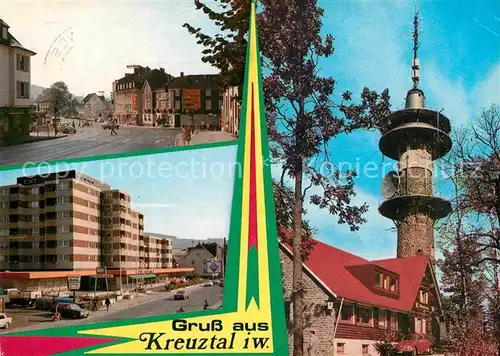 AK / Ansichtskarte Kreuztal Westfalen Strassenpartie Innenstadt Kindelsbergturm Aussichtsturm Kat. Kreuztal