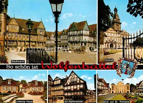 AK / Ansichtskarte Wolfenbuettel Stadtmarkt Fachwerkhaeuser Schloss Lessinghaus Altstadt St Trinitatis Kat. Wolfenbuettel